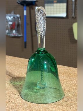 Vintage Hand Blown Green Glass Dinner Bell With Twisted Spiral Handle